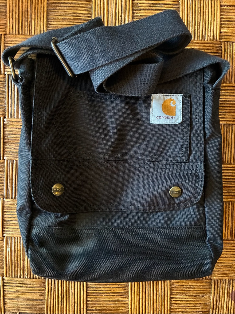 Carhartt Black Canvas Messenger Crossbody Bag with Tan Logo Patch